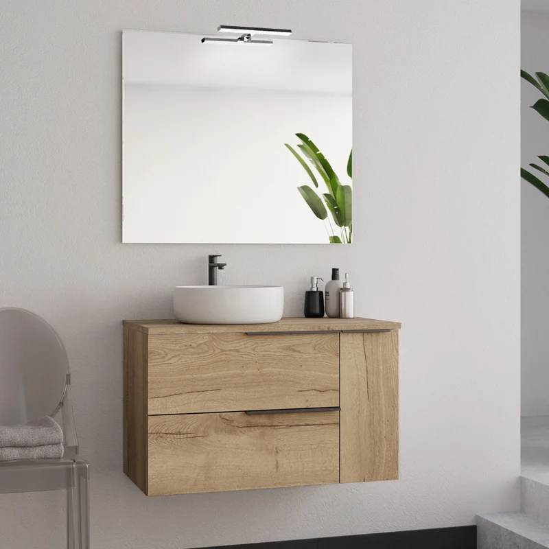 Meuble de salle de bain 80cm avec vasque à poser déportée ronde - sans miroir - 2 tiroirs et un placard - KING