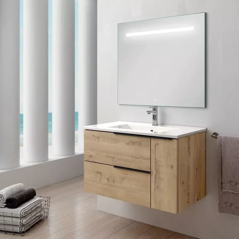 Meuble de salle de bain 80cm vasque centrée - 2 tiroirs et un placard et miroir Led STAM - KING