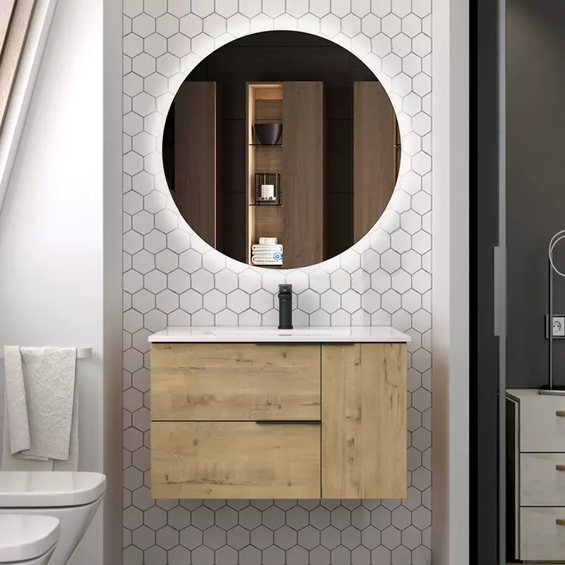 Meuble de salle de bain 80cm vasque centrée - 2 tiroirs et un placard et miroir Led SOLEN - KING