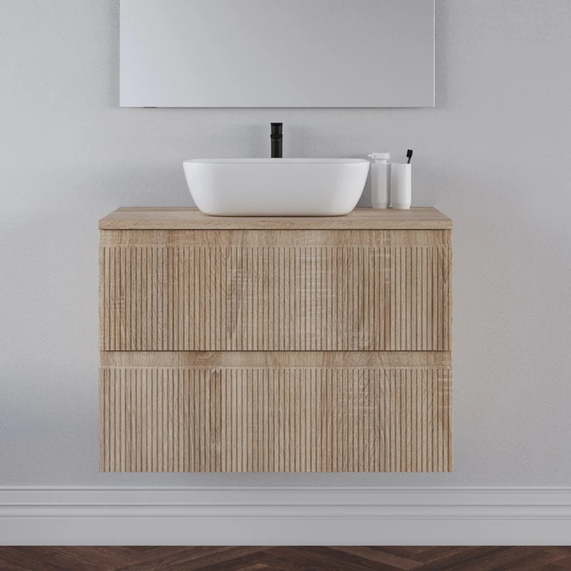 Meuble de salle de bain 80cm avec plateau et vasque à poser arrondie - 2 tiroirs - RIBERA
