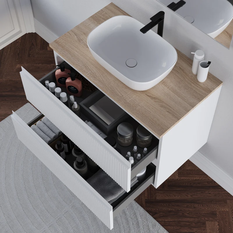 Meuble de salle de bain 80cm avec plateau et vasque à poser arrondie - 2 tiroirs - RIBERA