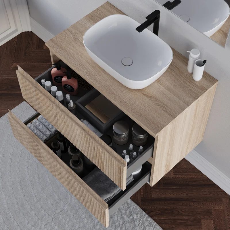 Meuble de salle de bain 80cm avec plateau et vasque à poser arrondie - 2 tiroirs - RIBERA