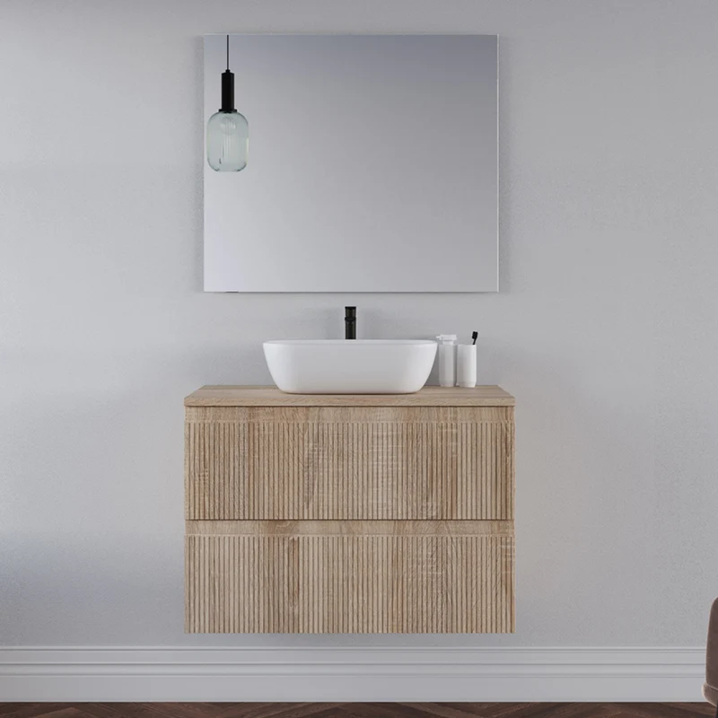 Meuble de salle de bain 80cm avec plateau et vasque à poser arrondie - 2 tiroirs - RIBERA