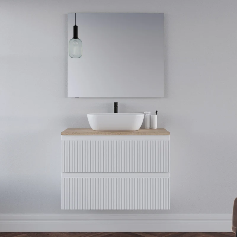 Meuble de salle de bain 80cm avec plateau et vasque à poser arrondie - 2 tiroirs - RIBERA