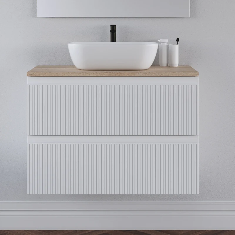 Meuble de salle de bain 80cm avec plateau et vasque à poser arrondie - 2 tiroirs - RIBERA