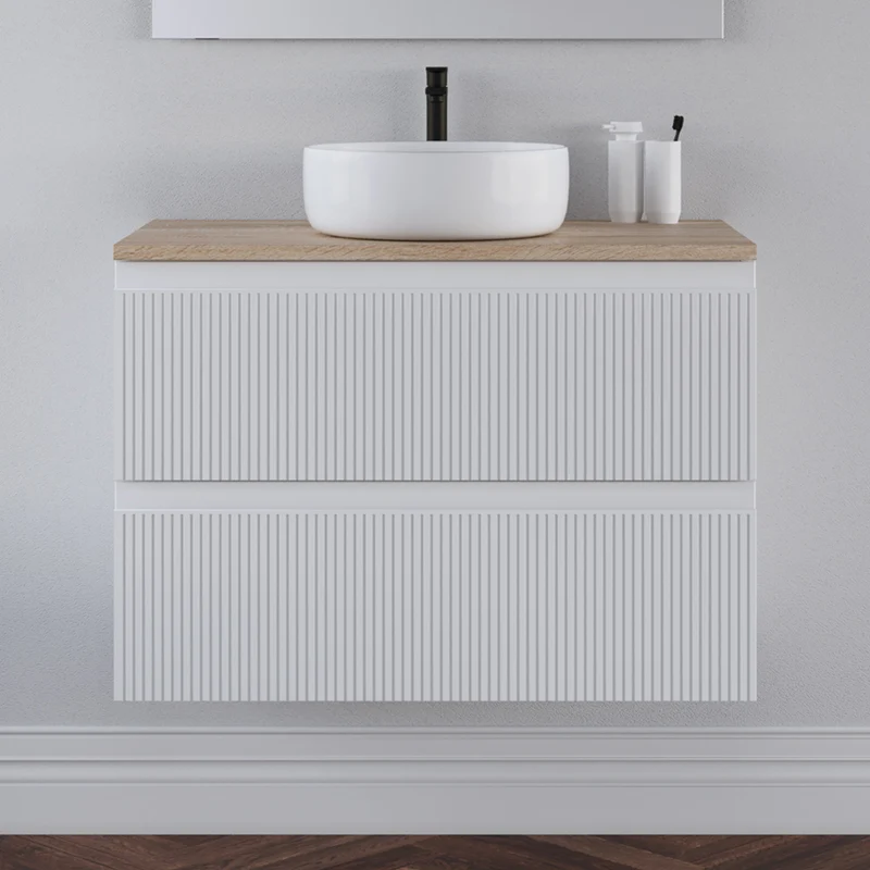 Meuble de salle de bain 80cm avec plateau et vasque à poser ronde - 2 tiroirs - RIBERA