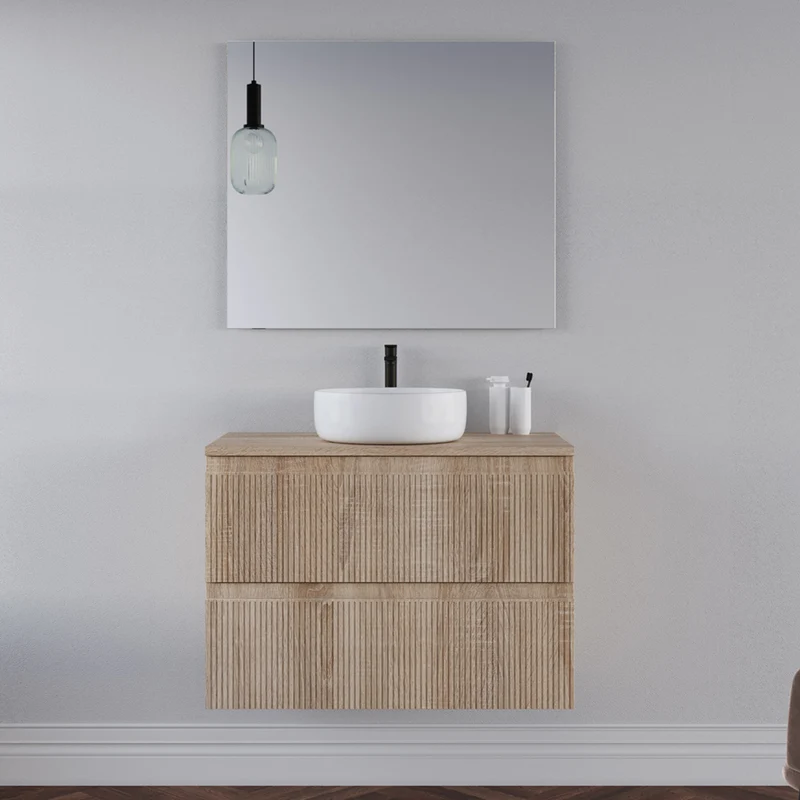 Meuble de salle de bain 80cm avec plateau et vasque à poser ronde - 2 tiroirs - RIBERA
