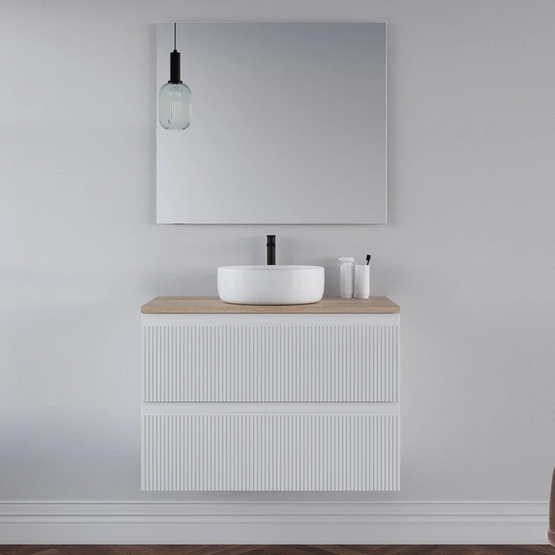 Meuble de salle de bain 80cm avec plateau et vasque à poser ronde - 2 tiroirs - RIBERA