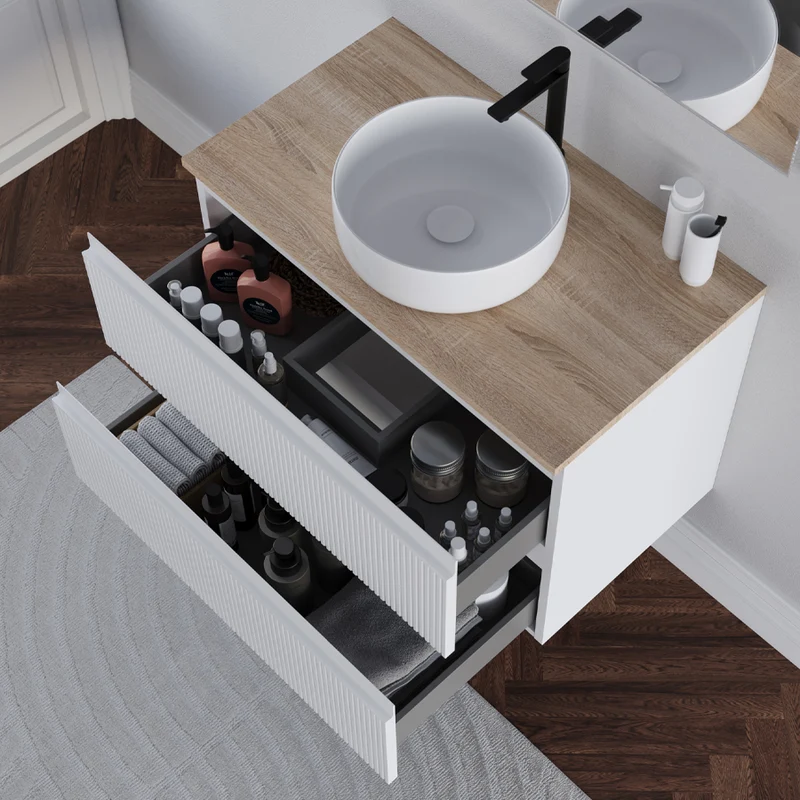 Meuble de salle de bain 80cm avec plateau et vasque à poser ronde - 2 tiroirs - RIBERA