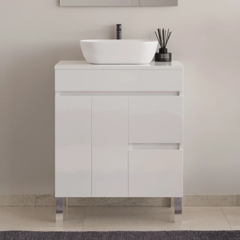Meuble de salle de bain 80cm sur pieds avec plateau et une cuve à poser arrondie - sans miroir - portes et tiroirs - HARO