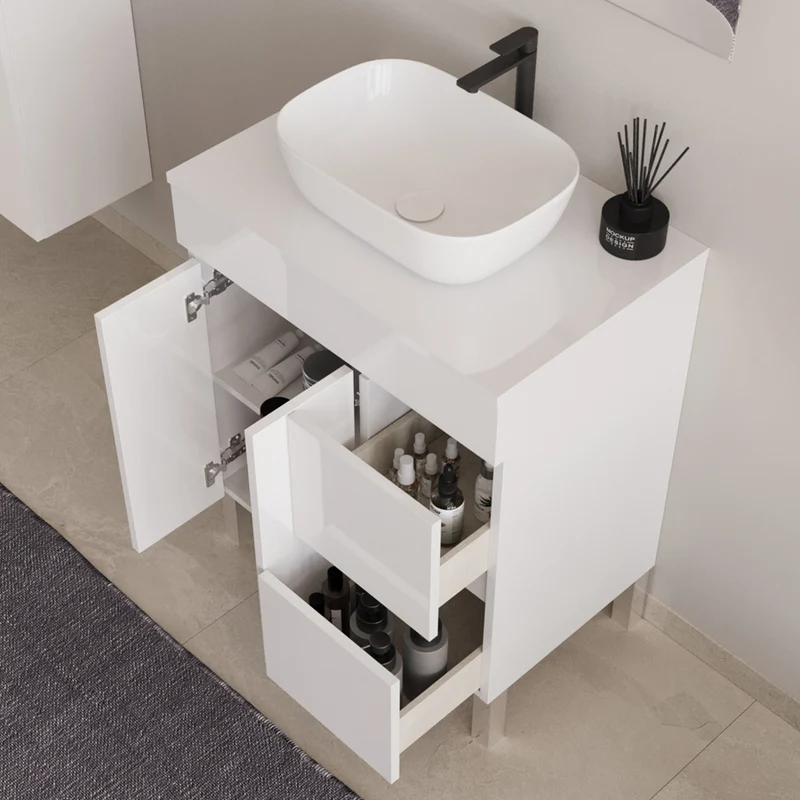 Meuble de salle de bain 70cm sur pieds avec plateau et une cuve à poser arrondie - portes et tiroirs - HARO