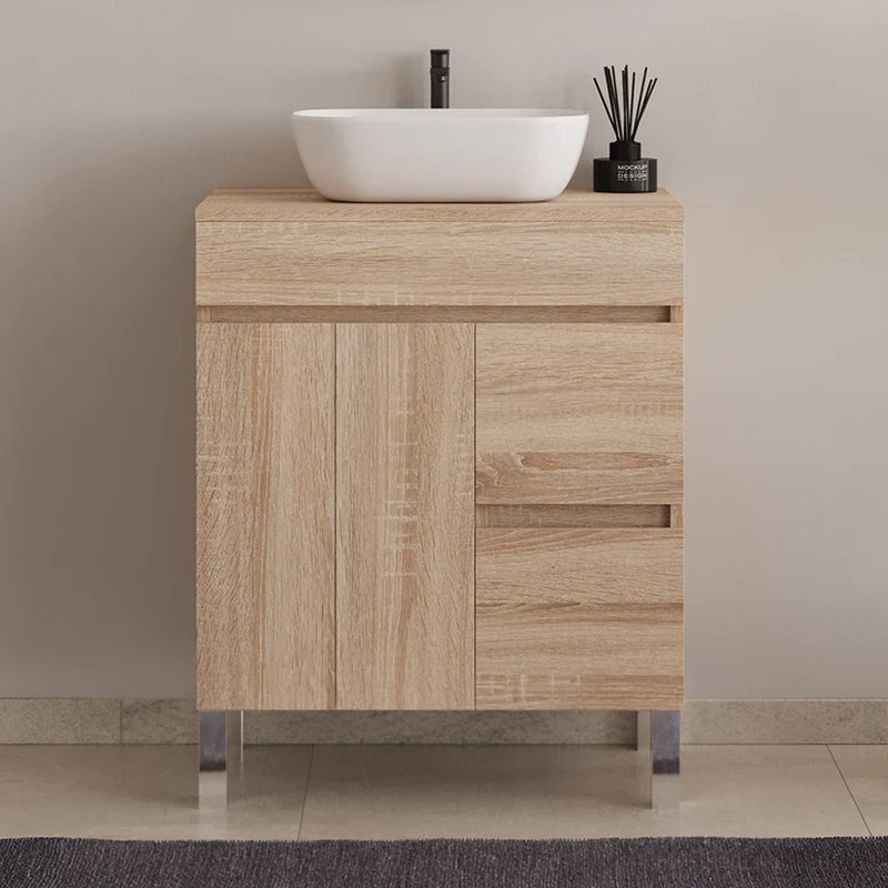 Meuble de salle de bain 70cm sur pieds avec plateau et une cuve à poser arrondie - sans miroir - portes et tiroirs - HARO