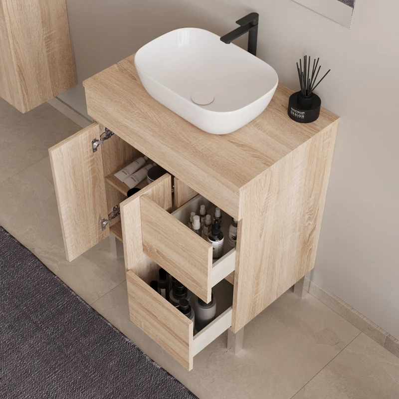 Meuble de salle de bain 70cm sur pieds avec plateau et une cuve à poser arrondie - portes et tiroirs - HARO