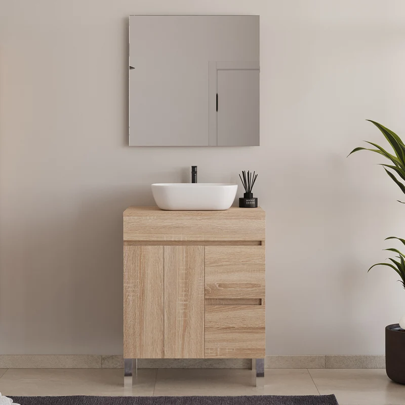 Meuble de salle de bain 80cm sur pieds avec plateau et une cuve à poser arrondie - portes et tiroirs - HARO