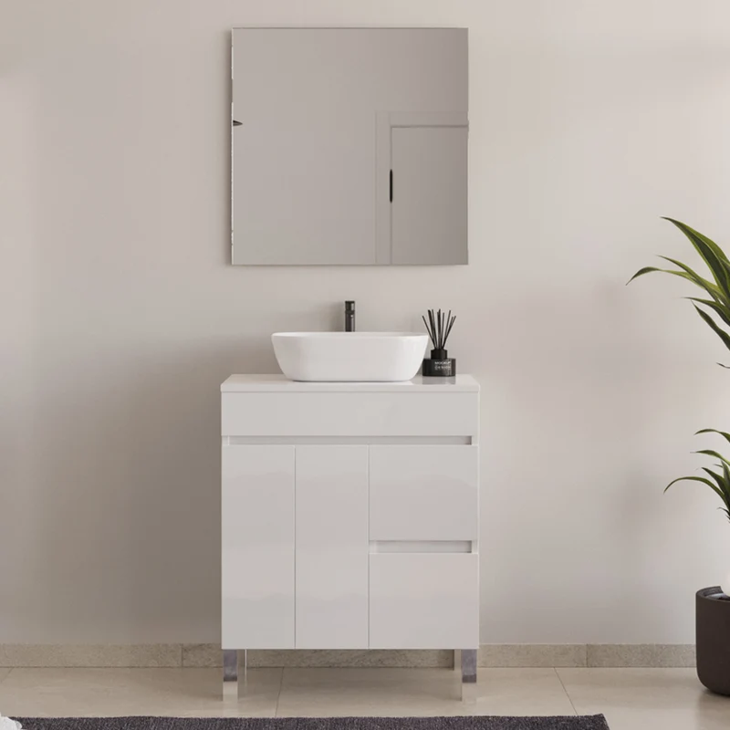 Meuble de salle de bain 70cm sur pieds avec plateau et une cuve à poser arrondie - portes et tiroirs - HARO