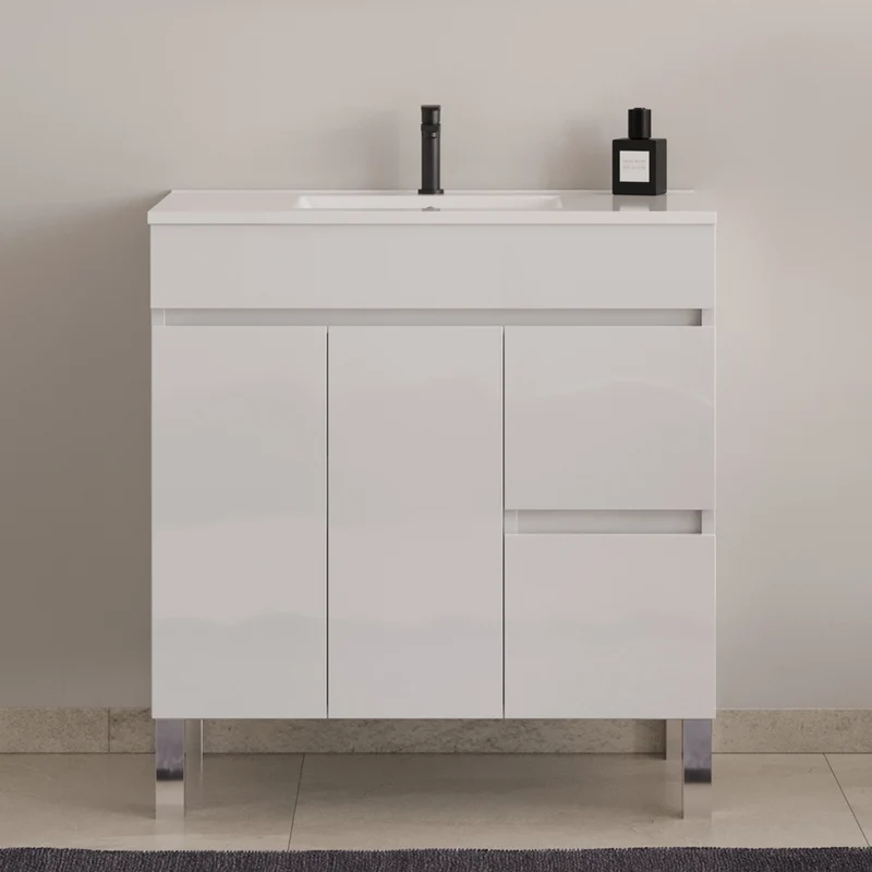 Meuble de salle de bain 80cm simple vasque sur pieds avec portes et tiroirs - HARO