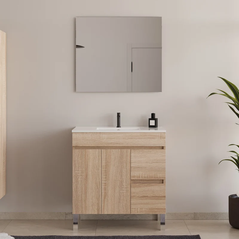Meuble de salle de bain 80cm simple vasque sur pieds avec portes et tiroirs - HARO