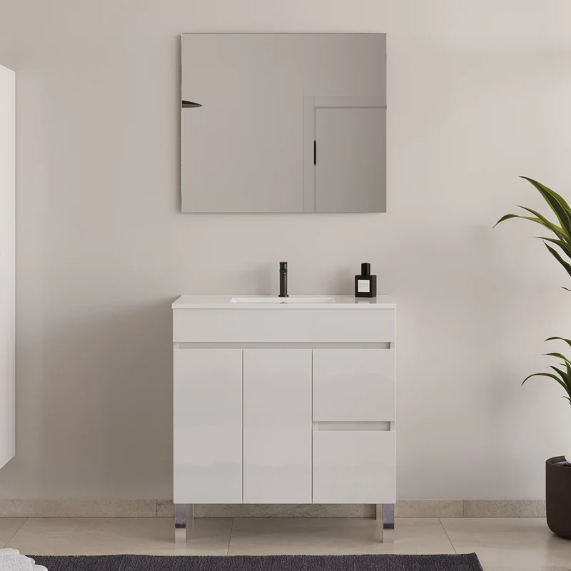 Meuble de salle de bain 80cm simple vasque sur pieds avec portes et tiroirs - HARO