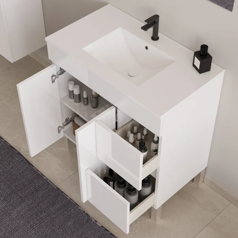 Meuble de salle de bain 80cm simple vasque sur pieds avec portes et tiroirs - HARO