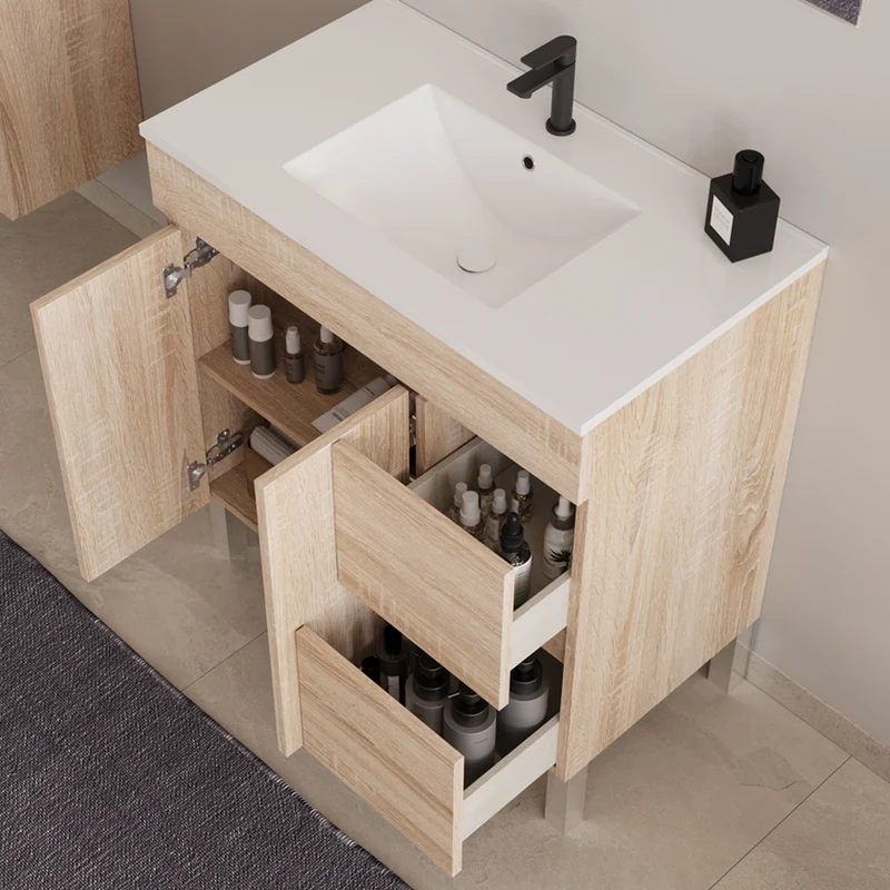 Meuble de salle de bain 80cm simple vasque sur pieds avec portes et tiroirs - HARO