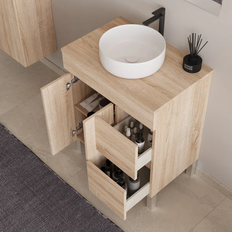 Meuble de salle de bain 80cm sur pieds avec plateau et une cuve à poser ronde - portes et tiroirs - HARO