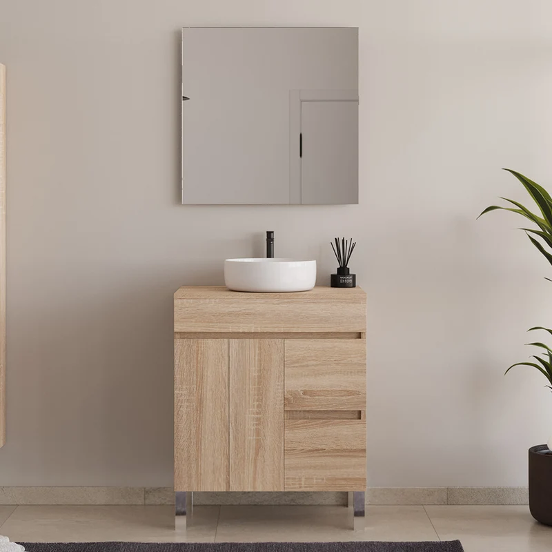 Meuble de salle de bain 70cm sur pieds avec plateau et une cuve à poser ronde - portes et tiroirs - HARO