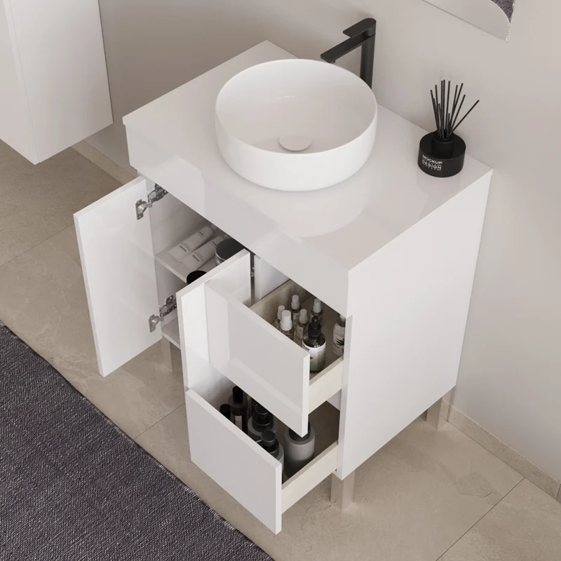 Meuble de salle de bain 80cm sur pieds avec plateau et une cuve à poser ronde - portes et tiroirs - HARO