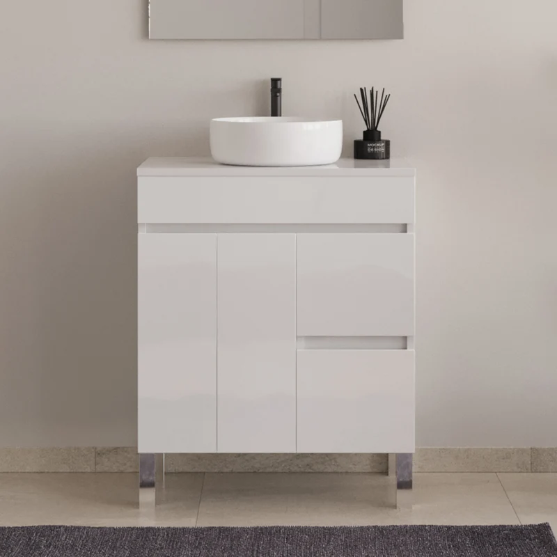 Meuble de salle de bain 70cm sur pieds avec plateau et une cuve à poser ronde - sans miroir - portes et tiroirs - HARO