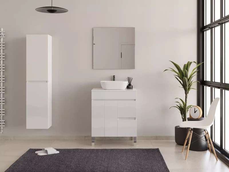 Meuble de salle de bain 70cm sur pieds avec plateau et une cuve à poser arrondie - sans miroir - portes et tiroirs - HARO