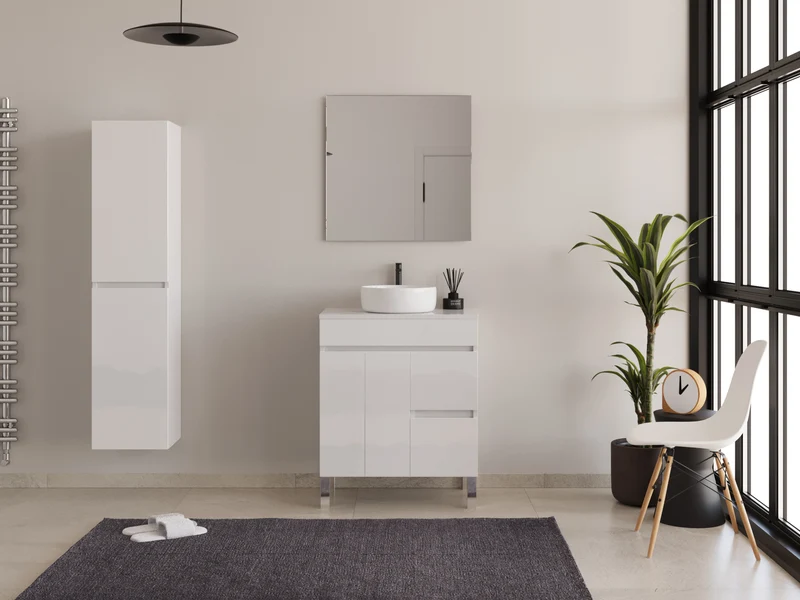 Meuble de salle de bain 70cm sur pieds avec plateau et une cuve à poser ronde - sans miroir - portes et tiroirs - HARO
