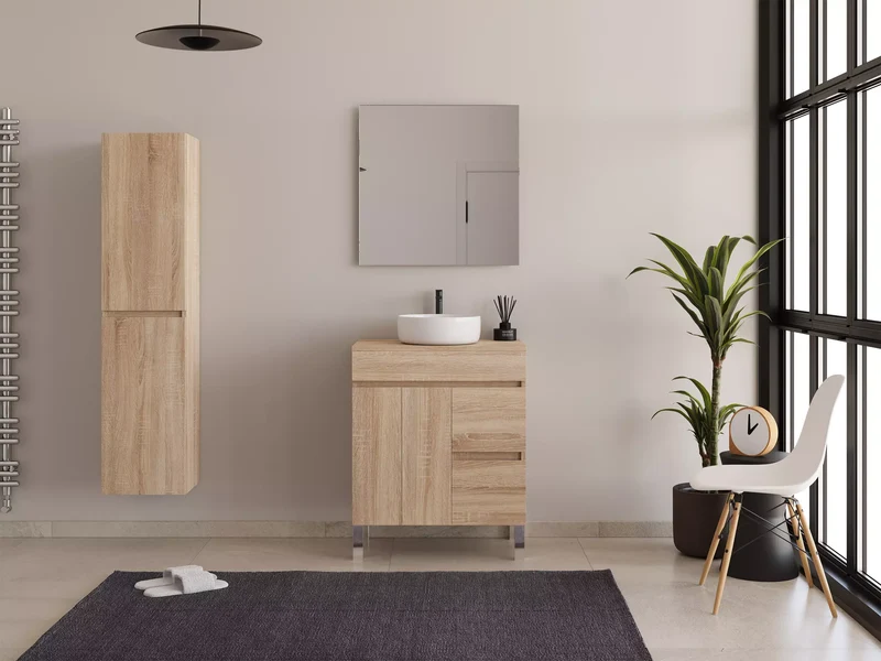 Meuble de salle de bain 70cm sur pieds avec plateau et une cuve à poser ronde - sans miroir - portes et tiroirs - HARO
