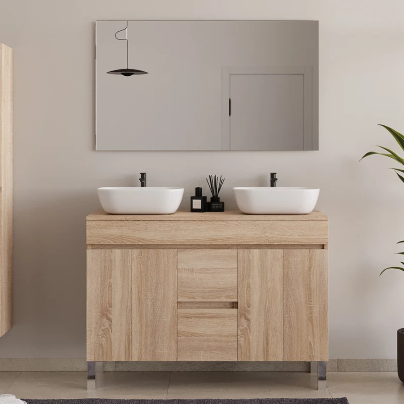 Meuble de salle de bain 120cm sur pieds avec plateau et 2 cuves à poser arrondies - portes et tiroirs - HARO