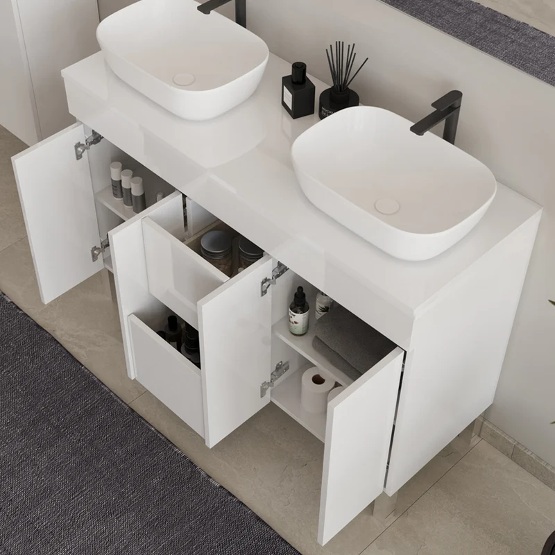 Meuble de salle de bain 120cm sur pieds avec plateau et 2 cuves à poser arrondies - portes et tiroirs - HARO