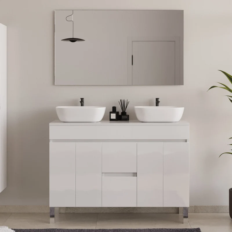 Meuble de salle de bain 120cm sur pieds avec plateau et 2 cuves à poser arrondies - portes et tiroirs - HARO