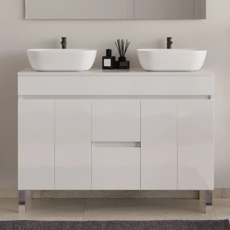 Meuble de salle de bain 120cm sur pieds avec plateau et 2 cuves à poser arrondies - portes et tiroirs - HARO
