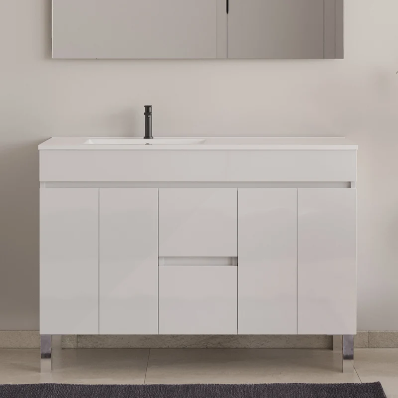 Meuble de salle de bain 120cm sur pieds avec vasque déportée - sans miroir - portes et tiroirs - HARO