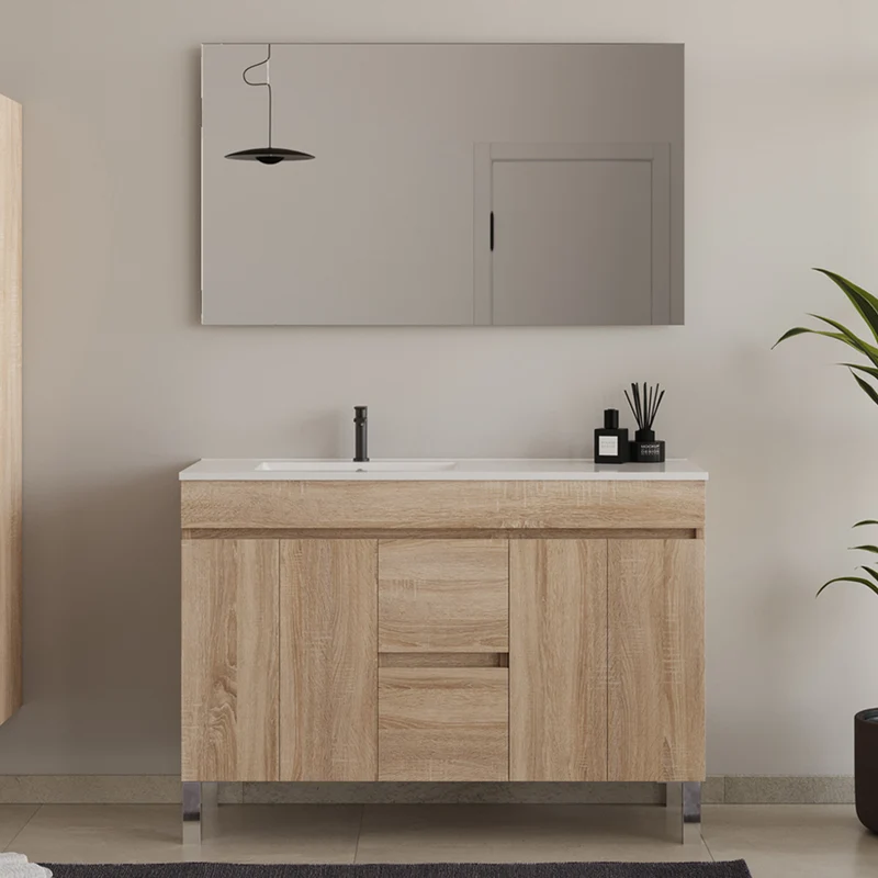Meuble de salle de bain 120cm sur pieds avec avec vasque déportée - portes et tiroirs - HARO