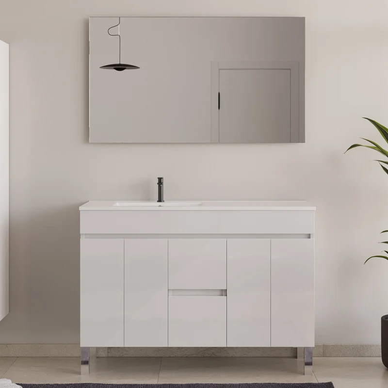 Meuble de salle de bain 120cm sur pieds avec vasque déportée - sans miroir - portes et tiroirs - HARO