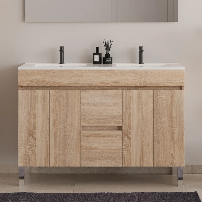 Meuble de salle de bain 120cm double vasque sur pieds avec portes et tiroirs - HARO