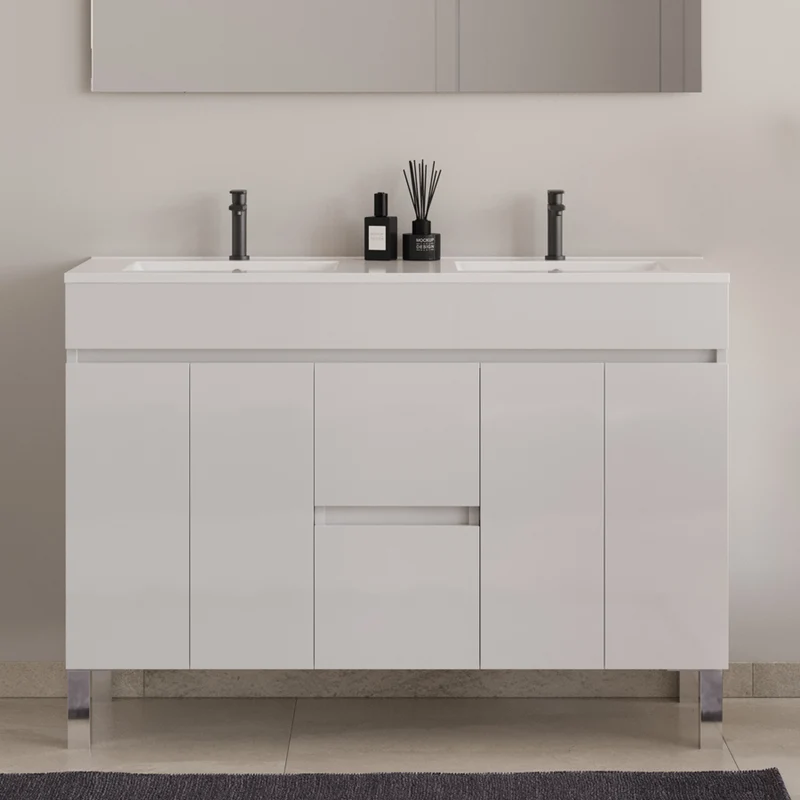 Meuble de salle de bain 120cm double vasque sur pieds avec portes et tiroirs - HARO