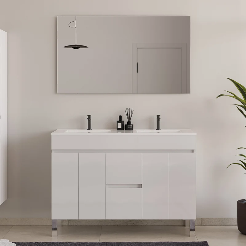 Meuble de salle de bain 120cm double vasque sur pieds avec portes et tiroirs - HARO