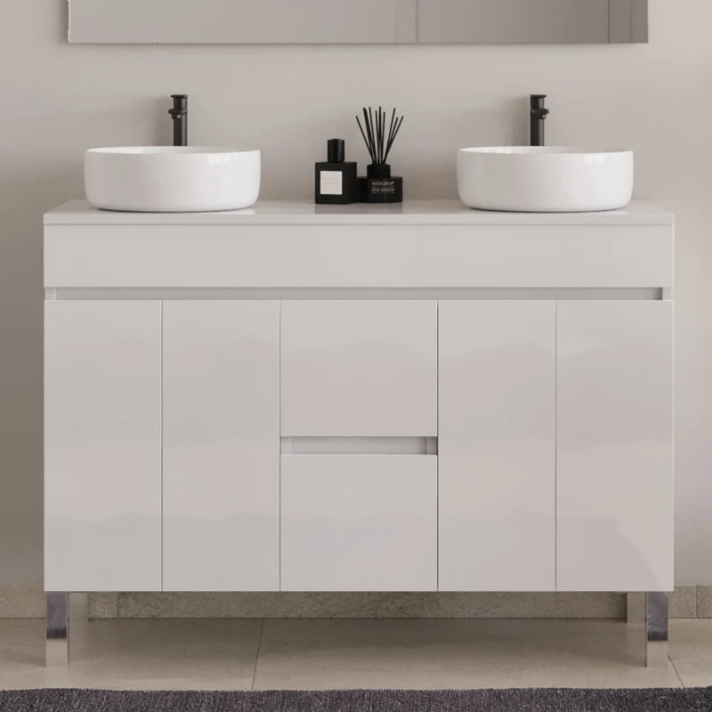 Meuble de salle de bain 120cm sur pieds avec plateau et 2 cuves à poser rondes - sans miroir - portes et tiroirs - HARO