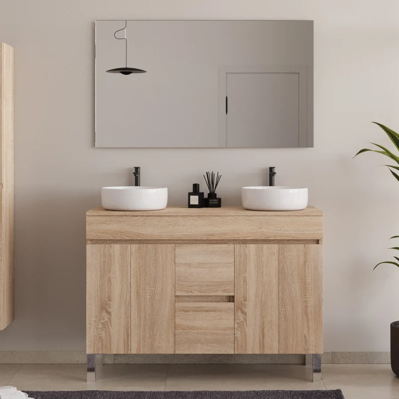 Meuble de salle de bain 120cm sur pieds avec plateau et 2 cuves à poser rondes - portes et tiroirs - HARO