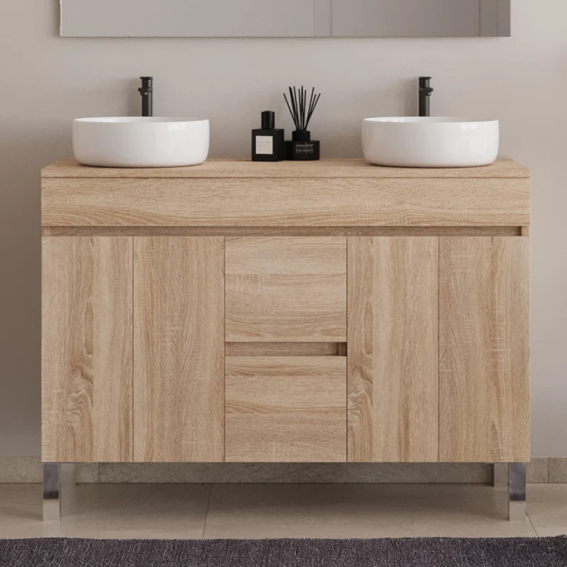 Meuble de salle de bain 120cm sur pieds avec plateau et 2 cuves à poser rondes - portes et tiroirs - HARO