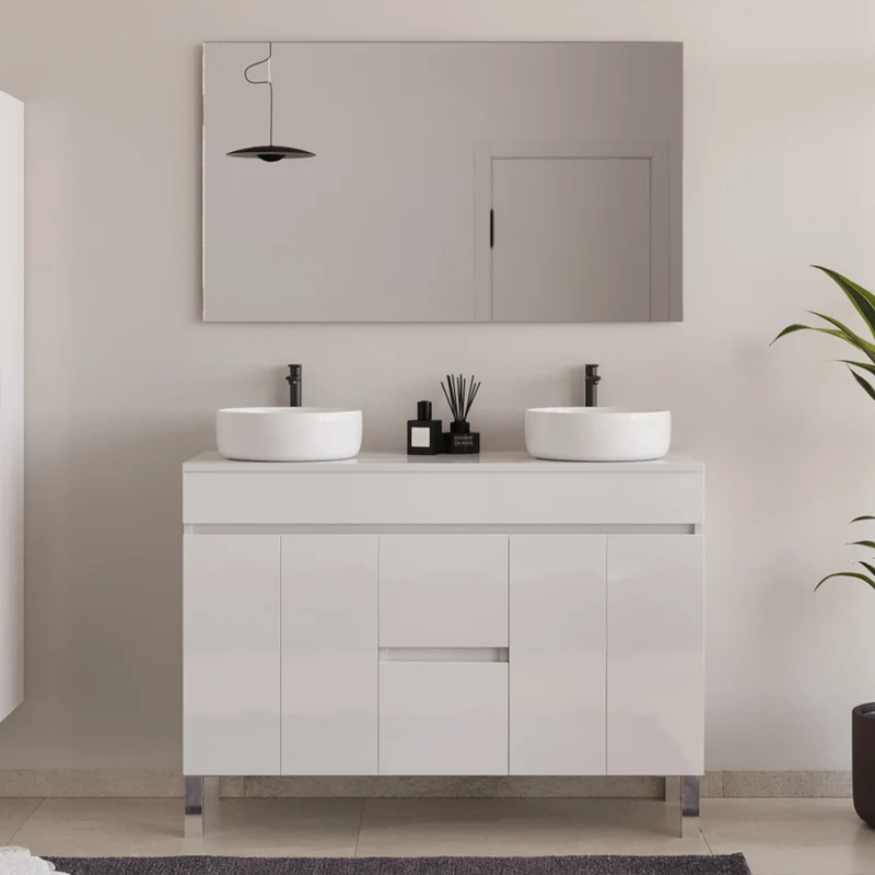 Meuble de salle de bain 120cm sur pieds avec plateau et 2 cuves à poser rondes - portes et tiroirs - HARO