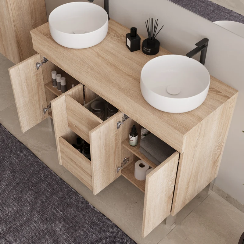 Meuble de salle de bain 120cm sur pieds avec plateau et 2 cuves à poser rondes - portes et tiroirs - HARO