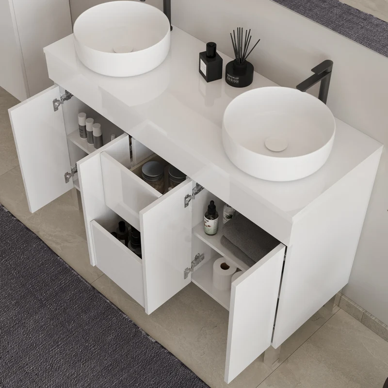 Meuble de salle de bain 120cm sur pieds avec plateau et 2 cuves à poser rondes - portes et tiroirs - HARO