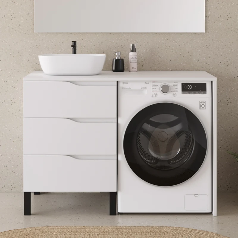 Meuble lave linge 124cm avec plateau et vasque arrondie - 3 tiroirs - SANTA