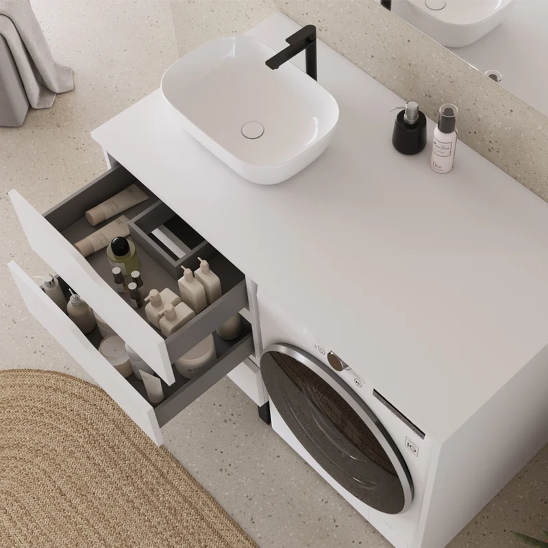 Meuble lave linge 124cm avec plateau et vasque arrondie - 3 tiroirs - SANTA