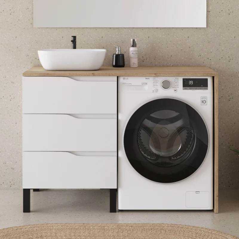 Meuble lave linge 124cm avec plateau et vasque arrondie - 3 tiroirs - SANTA